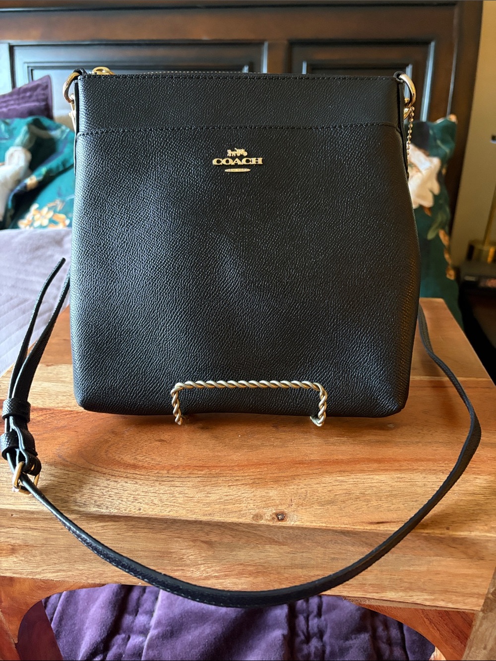 Coach Black Pebbled Leather Crossbody with Gold Accents